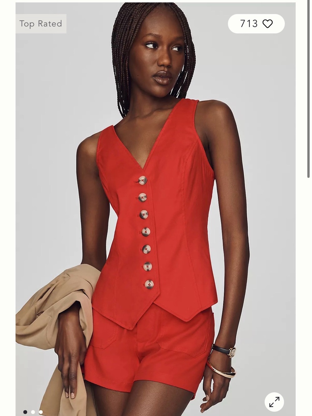 Anthropologie Red Button-Front Tailored Vest & Short Set